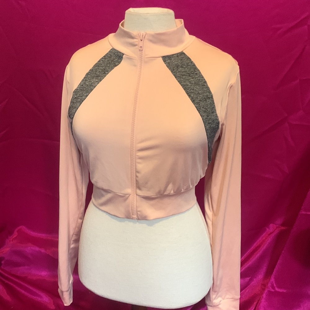 Pink and gray Stretchy long sleeve crop zip up fitness top size medium